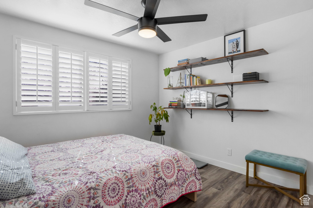 Bedroom with ceiling fan, dark hardwood / wood-style floors, and multiple windows