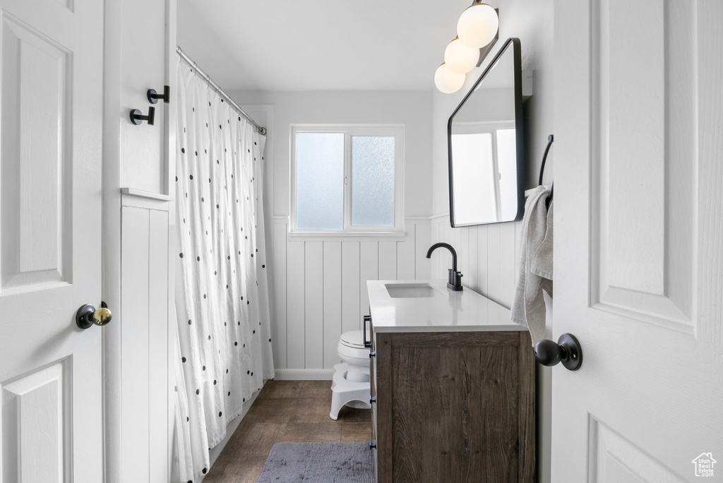 Bathroom with hardwood / wood-style floors, vanity with extensive cabinet space, and toilet