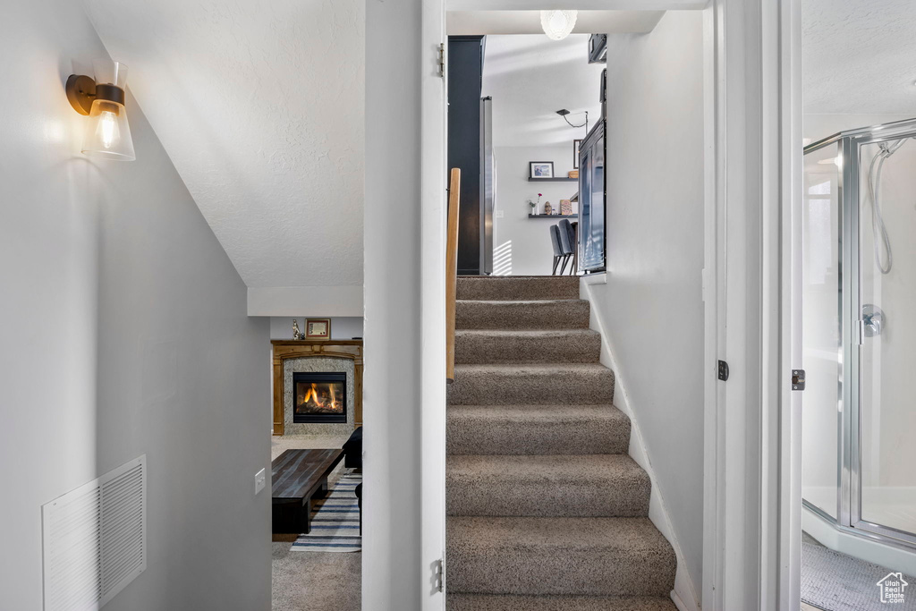 Stairway with carpet flooring and a premium fireplace