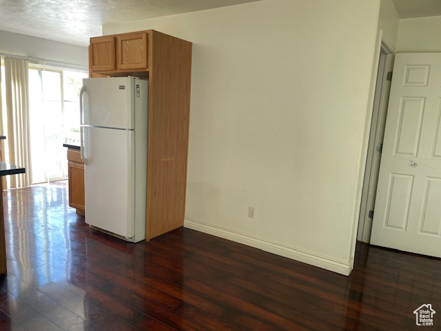 Kitchen with white refrigerator and dark hardwood / wood-style flooring