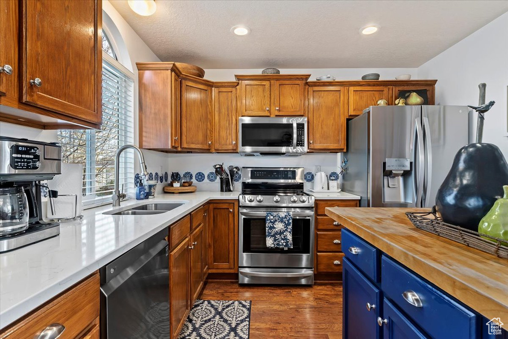 Kitchen featuring butcher block countertops, sink, stainless steel appliances, and dark hardwood / wood-style flooring