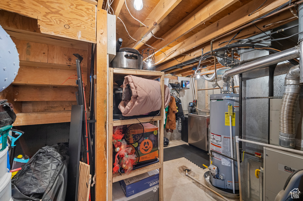 Basement featuring water heater and washer / dryer