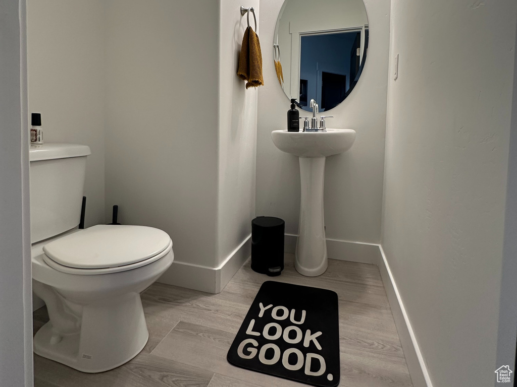 Bathroom featuring wood-type flooring, toilet, and sink