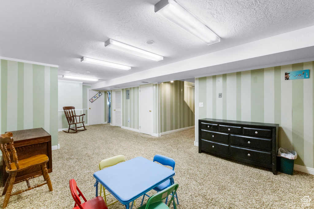 Rec room with light colored carpet and a textured ceiling