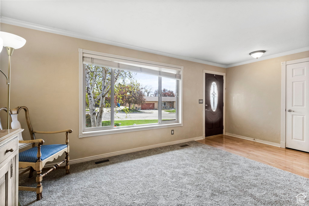 Entrance foyer featuring a wealth of natural light, crown molding, and light hardwood / wood-style floors