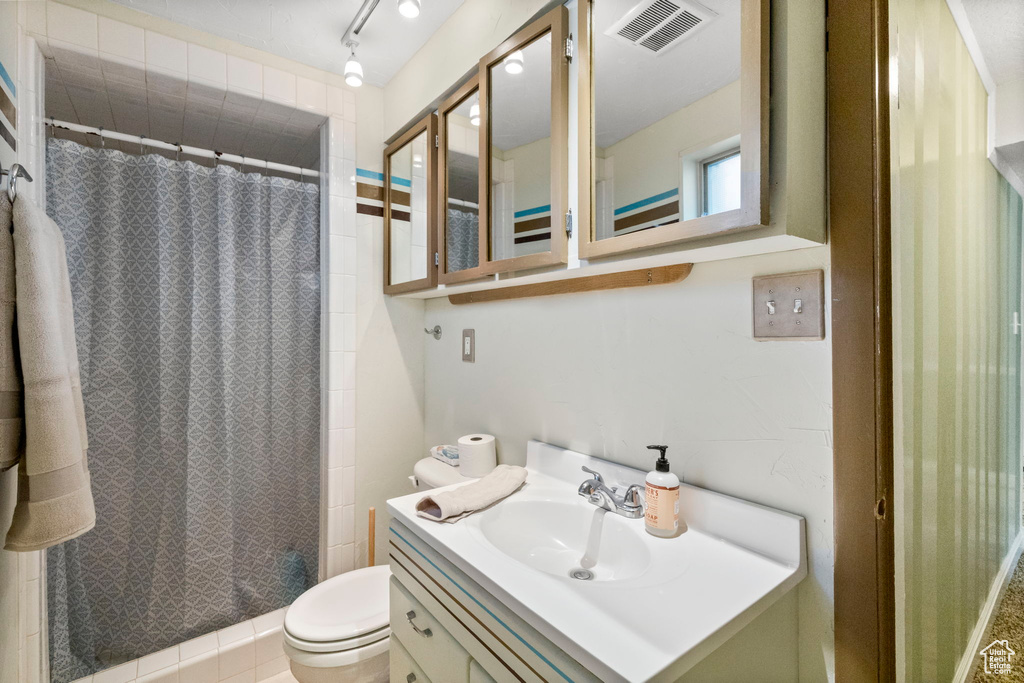Bathroom with vanity, rail lighting, and toilet