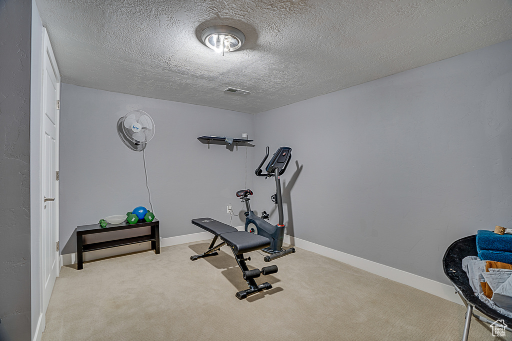 Exercise area featuring light colored carpet and a textured ceiling