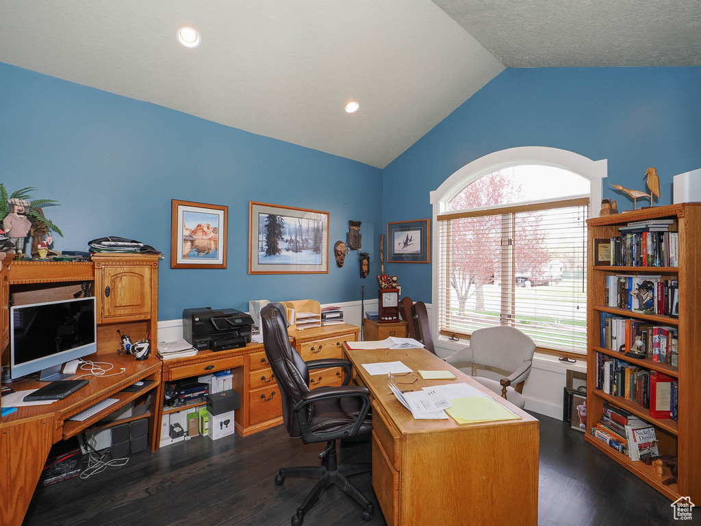 Office space featuring dark hardwood / wood-style flooring and vaulted ceiling