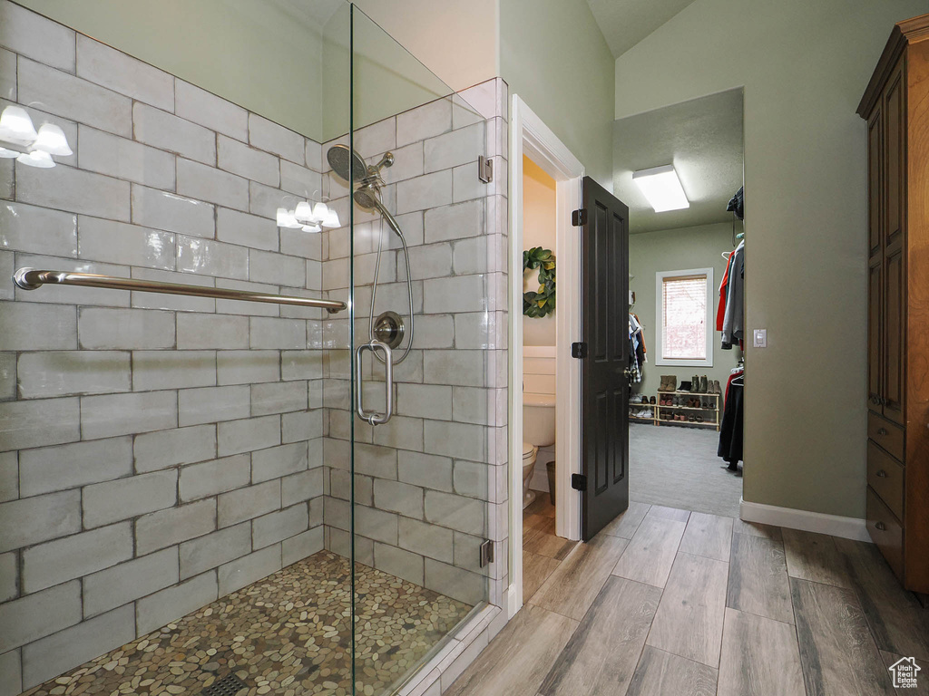 Bathroom featuring an enclosed shower, hardwood / wood-style flooring, and toilet
