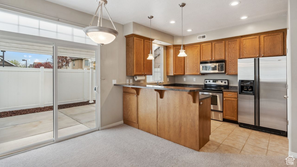 Kitchen with a healthy amount of sunlight, light colored carpet, stainless steel appliances, and decorative light fixtures