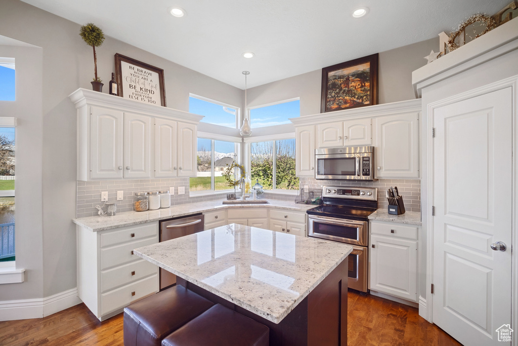Kitchen featuring tasteful backsplash, stainless steel appliances, dark hardwood / wood-style flooring, and white cabinetry