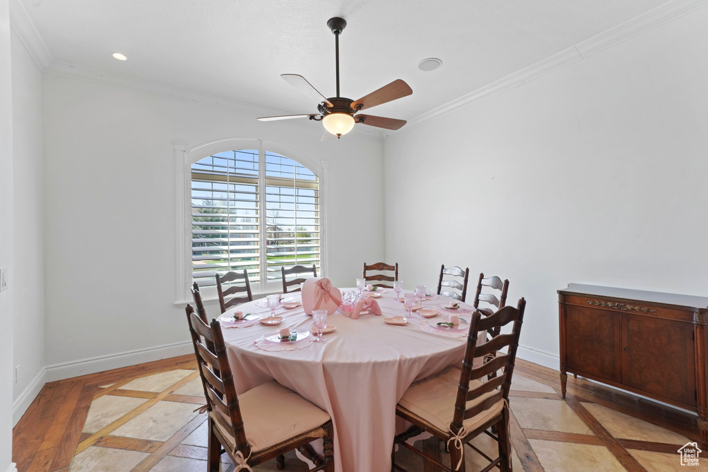 Dining space featuring crown molding, light hardwood / wood-style flooring, and ceiling fan