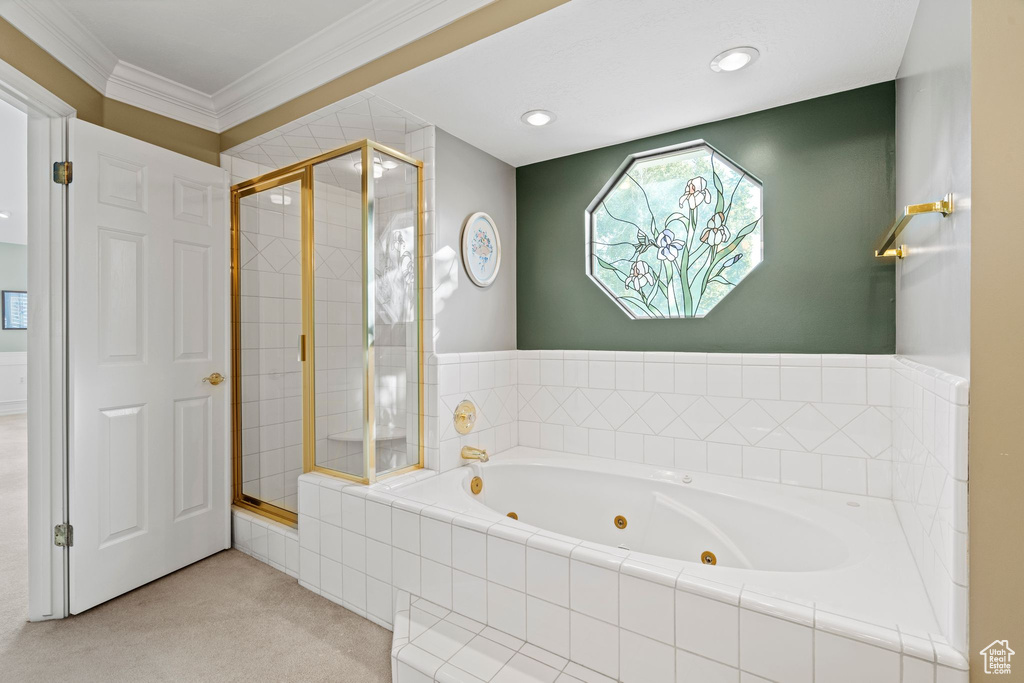 Bathroom with ornamental molding and plus walk in shower