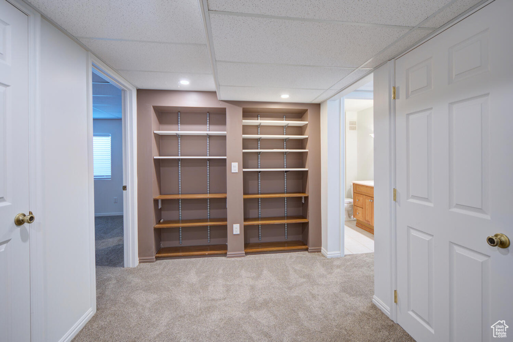 Spacious closet with light colored carpet and a drop ceiling