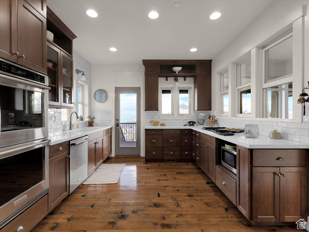 Kitchen featuring tasteful backsplash, stainless steel appliances, dark hardwood / wood-style floors, and dark brown cabinetry