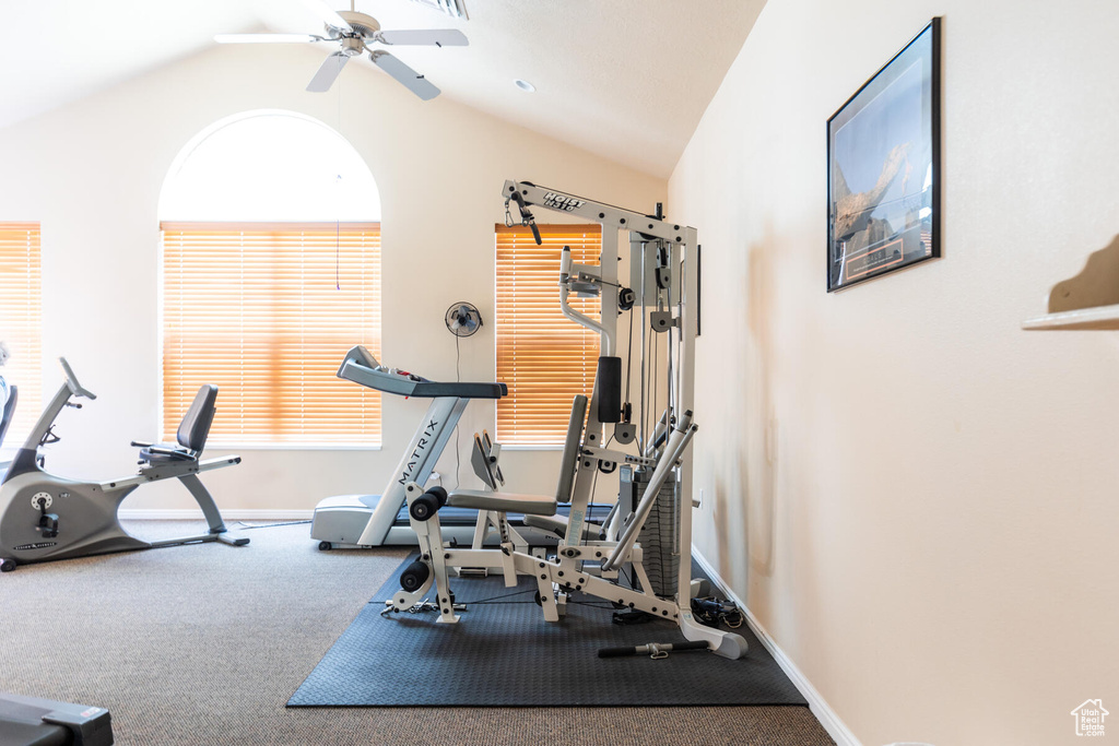 Workout area with lofted ceiling, carpet floors, and ceiling fan