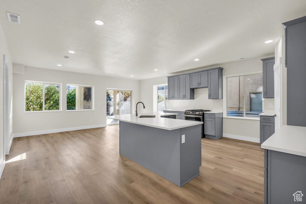 Kitchen with gray cabinets, a center island with sink, stainless steel gas range, sink, and light wood-type flooring