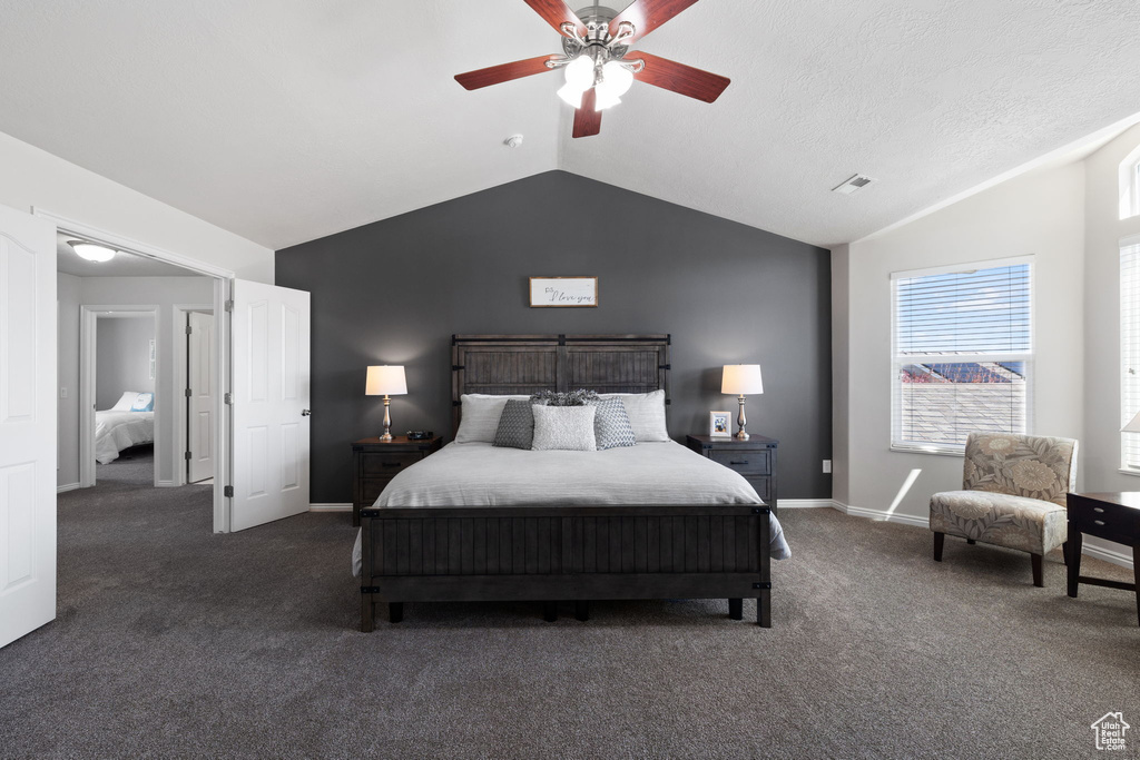 Bedroom featuring ceiling fan, lofted ceiling, and dark carpet