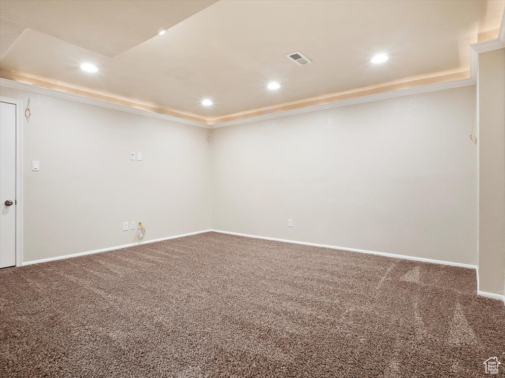 Empty room with crown molding, carpet, and a raised ceiling
