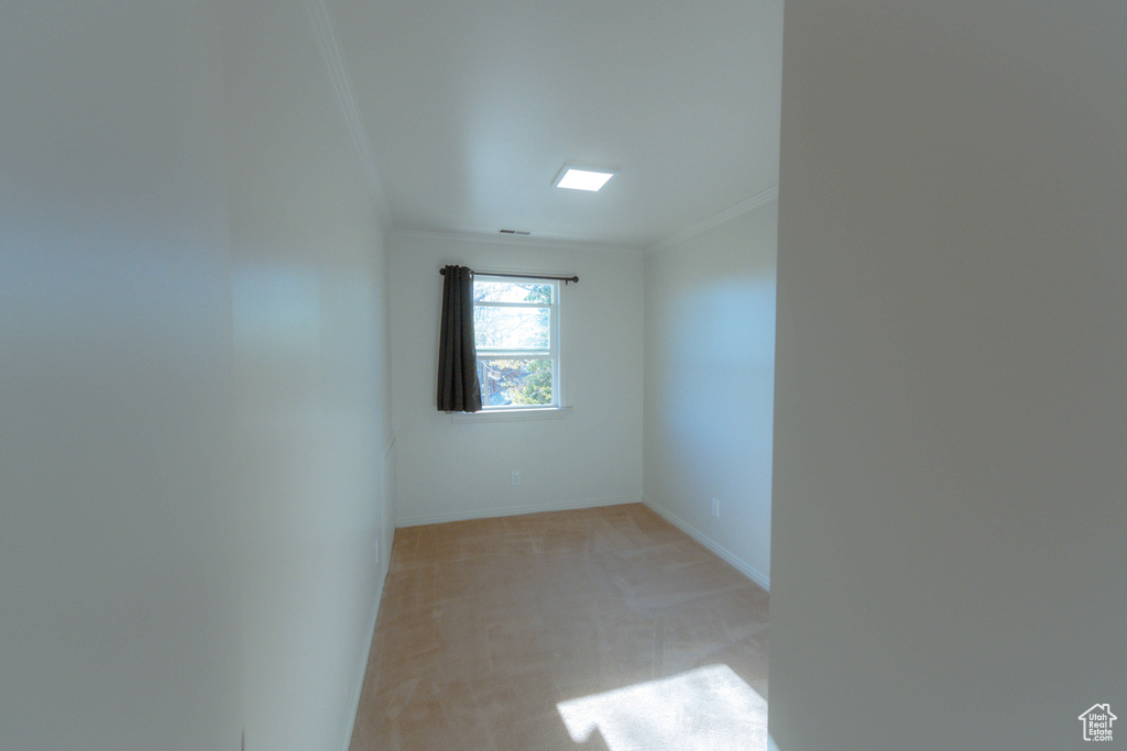 Spare room with light colored carpet and crown molding
