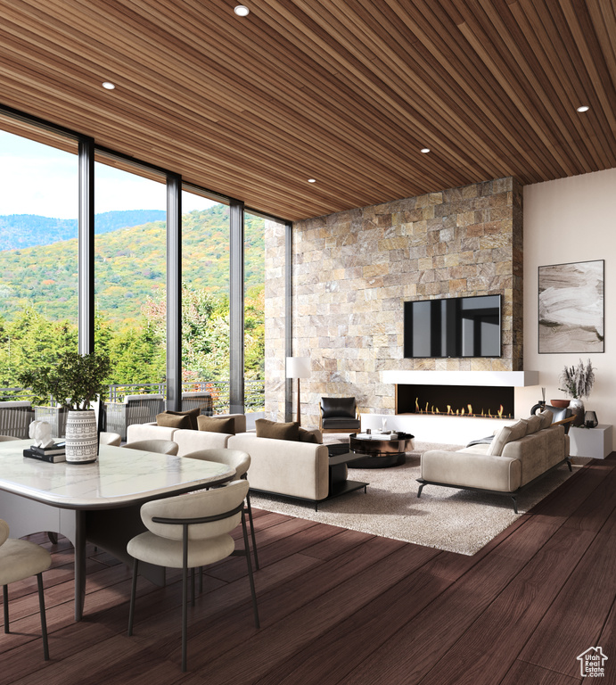 Interior space with wood ceiling, a mountain view, dark hardwood / wood-style flooring, and a stone fireplace