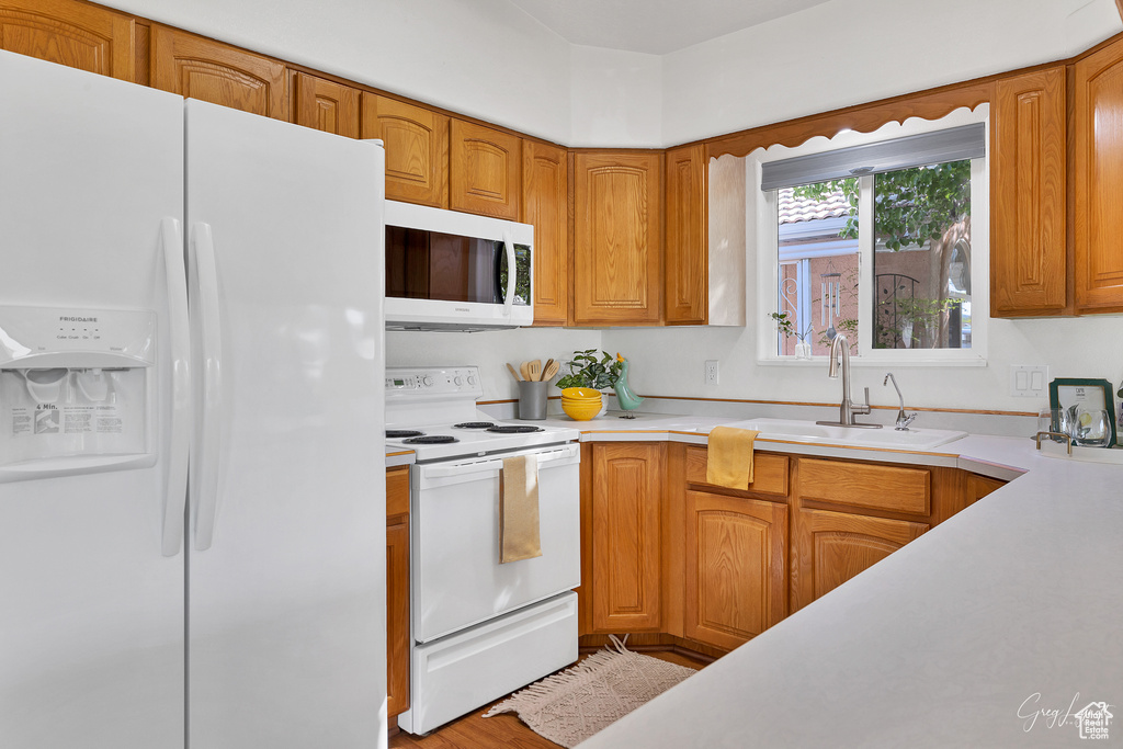 Kitchen featuring white appliances, light hardwood / wood-style floors, and sink