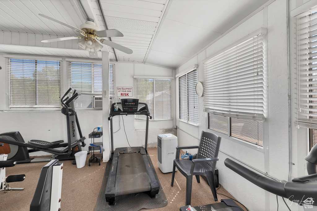 Workout room with lofted ceiling, ceiling fan, and carpet