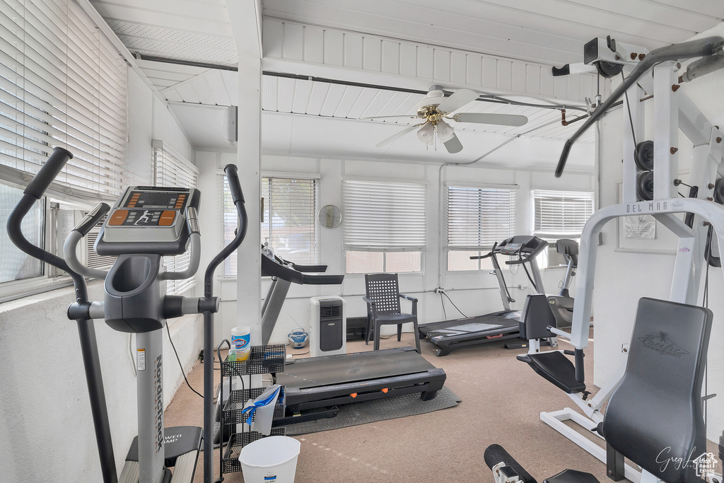 Workout room featuring ceiling fan