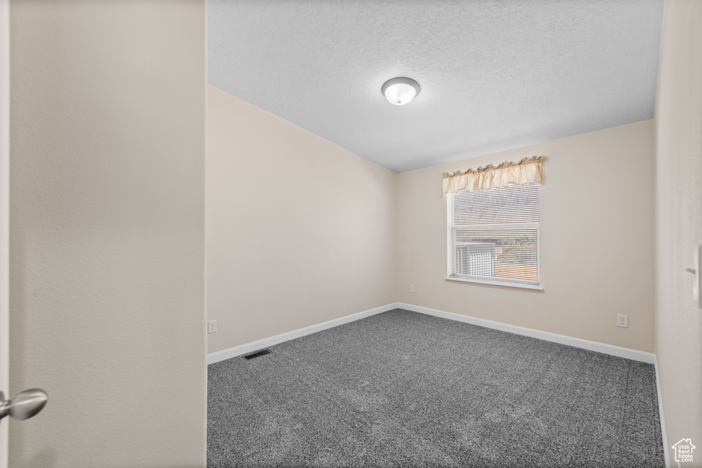 Spare room with dark colored carpet and a textured ceiling