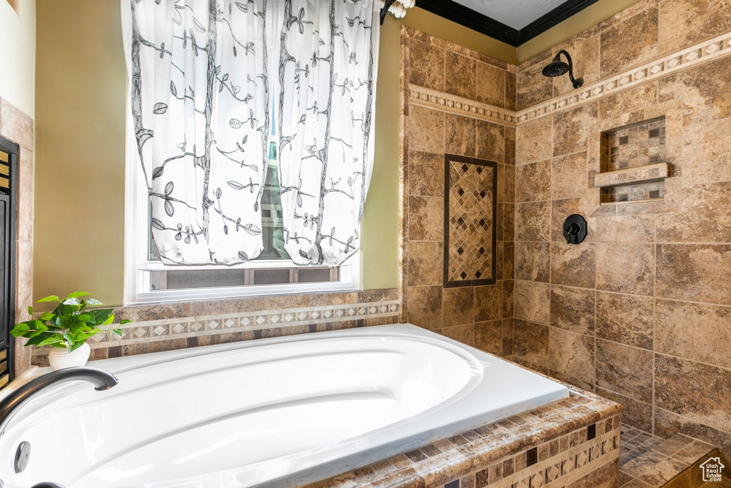 Bathroom with ornamental molding, a healthy amount of sunlight, and independent shower and bath