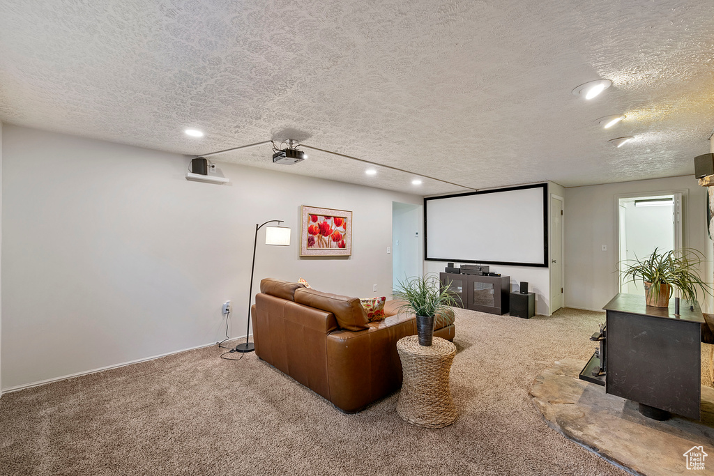 Home theater room featuring light carpet and a textured ceiling