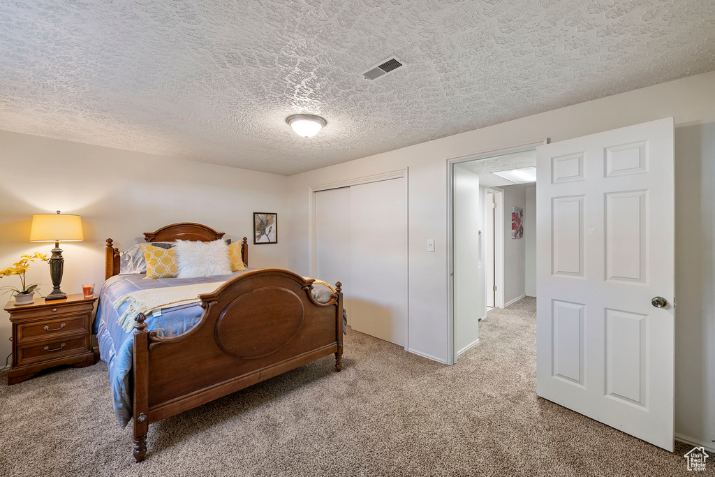 Bedroom with a closet, a textured ceiling, and light carpet
