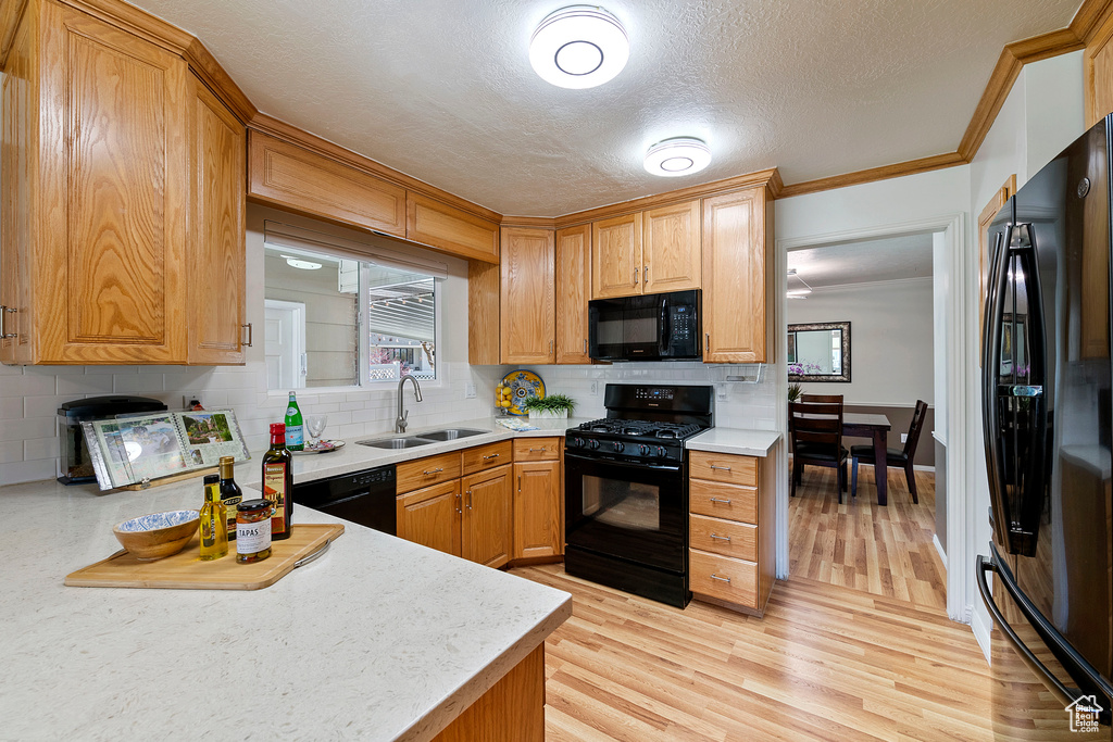 Kitchen featuring light hardwood / wood-style flooring, black appliances, ornamental molding, sink, and tasteful backsplash