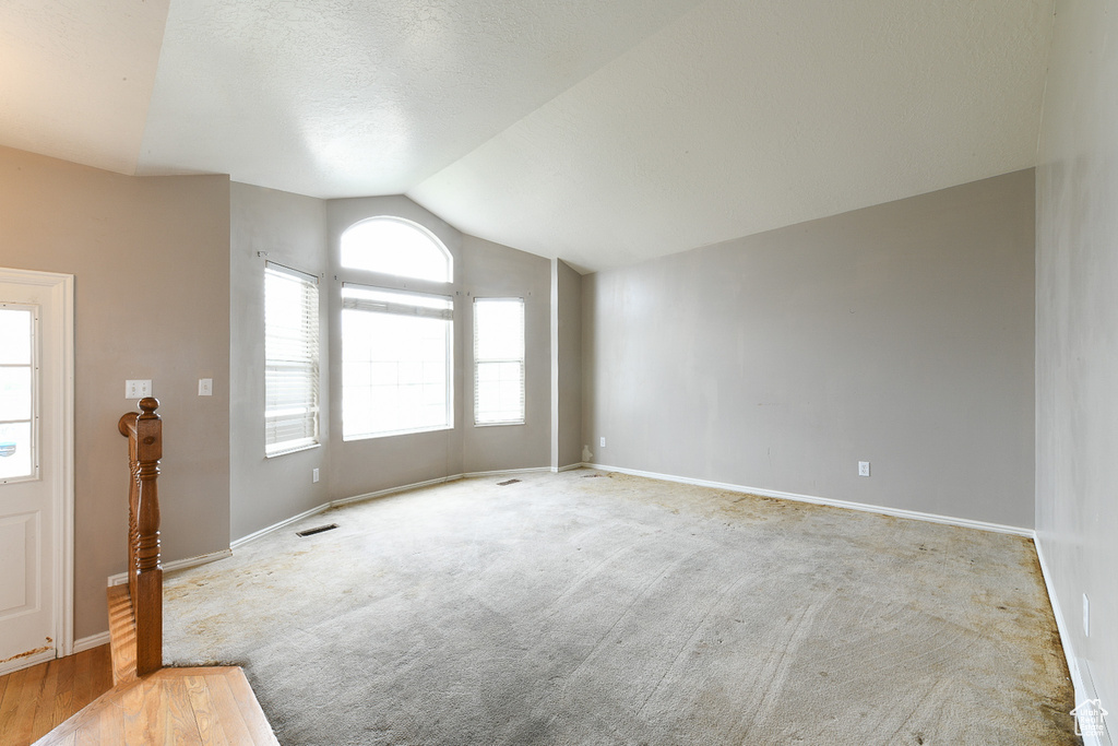Carpeted empty room featuring a healthy amount of sunlight and vaulted ceiling