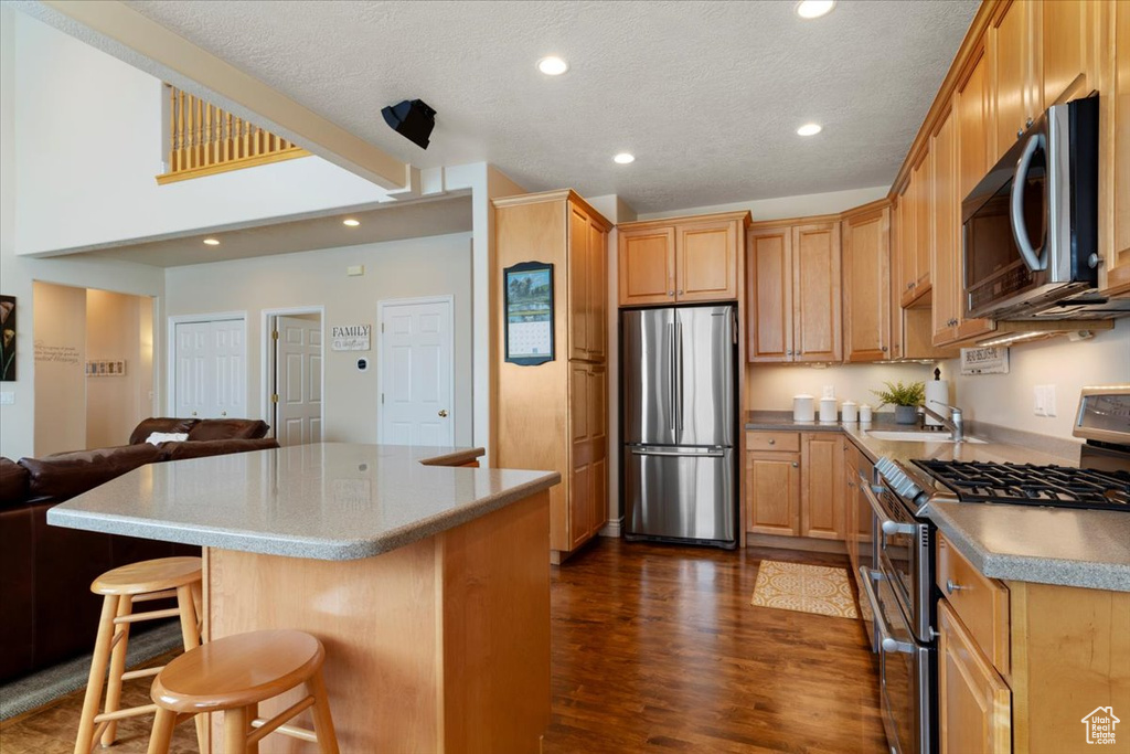 Kitchen featuring a kitchen breakfast bar, stainless steel appliances, a center island, and dark wood-type flooring