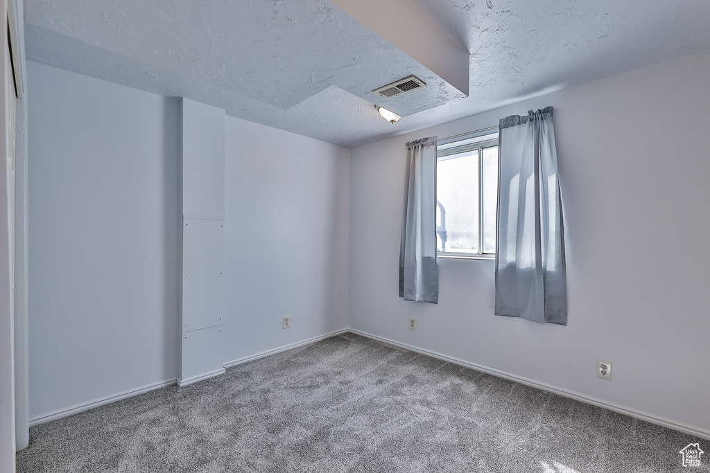 Unfurnished room featuring a textured ceiling and carpet floors