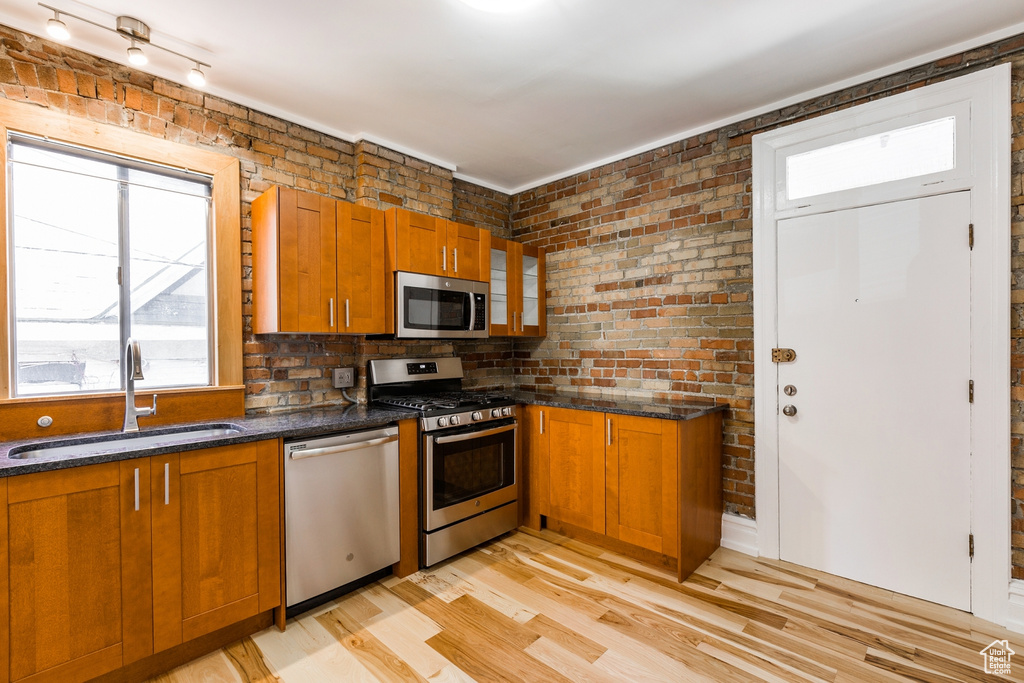 Kitchen featuring appliances with stainless steel finishes, light hardwood / wood-style floors, brick wall, track lighting, and sink