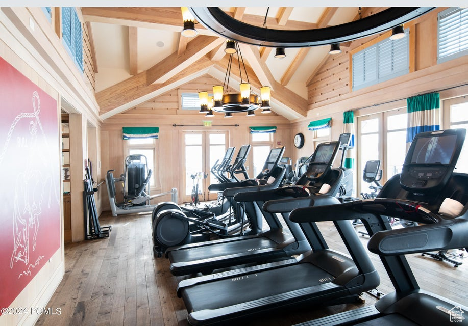 Exercise room featuring a chandelier, wood-type flooring, and high vaulted ceiling