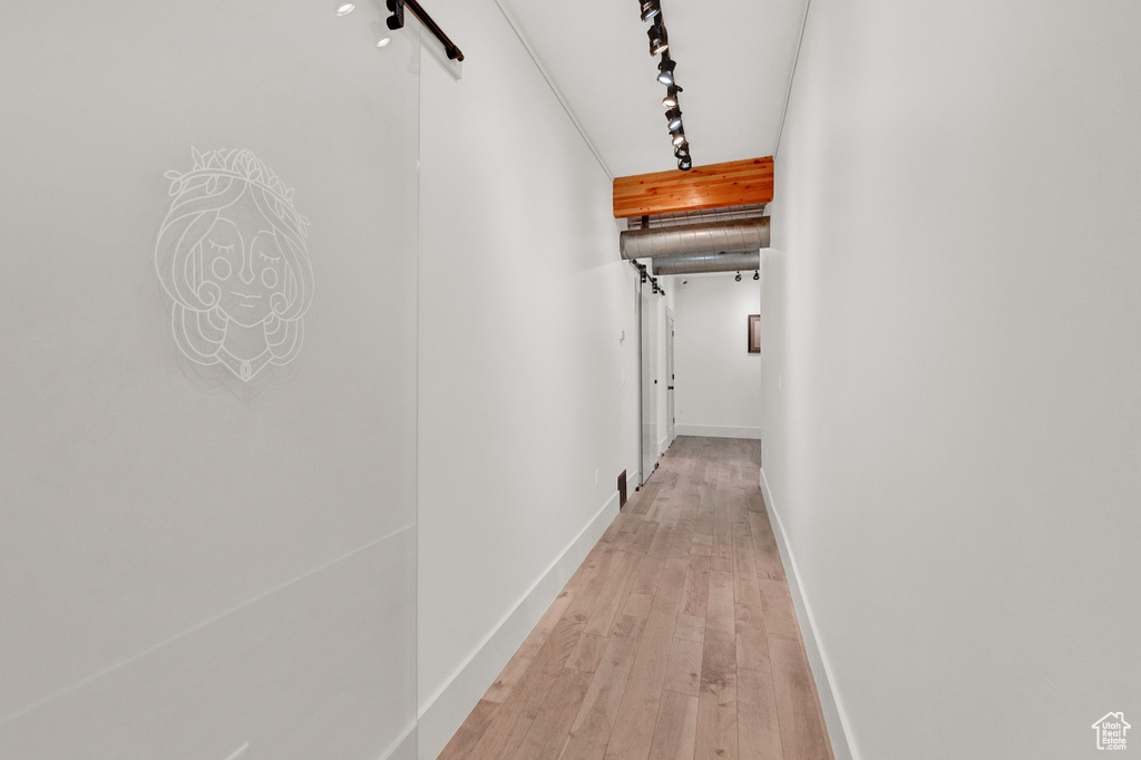 Hall featuring rail lighting and light hardwood / wood-style flooring