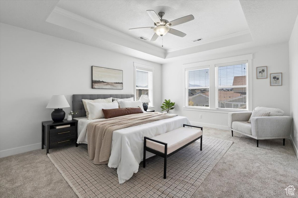Bedroom featuring light colored carpet, a raised ceiling, and ceiling fan