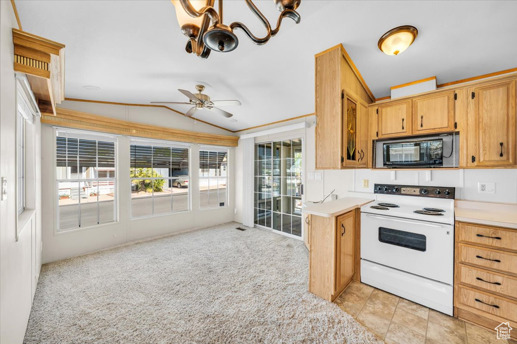 Kitchen with light colored carpet, lofted ceiling, a wealth of natural light, and white range with electric cooktop