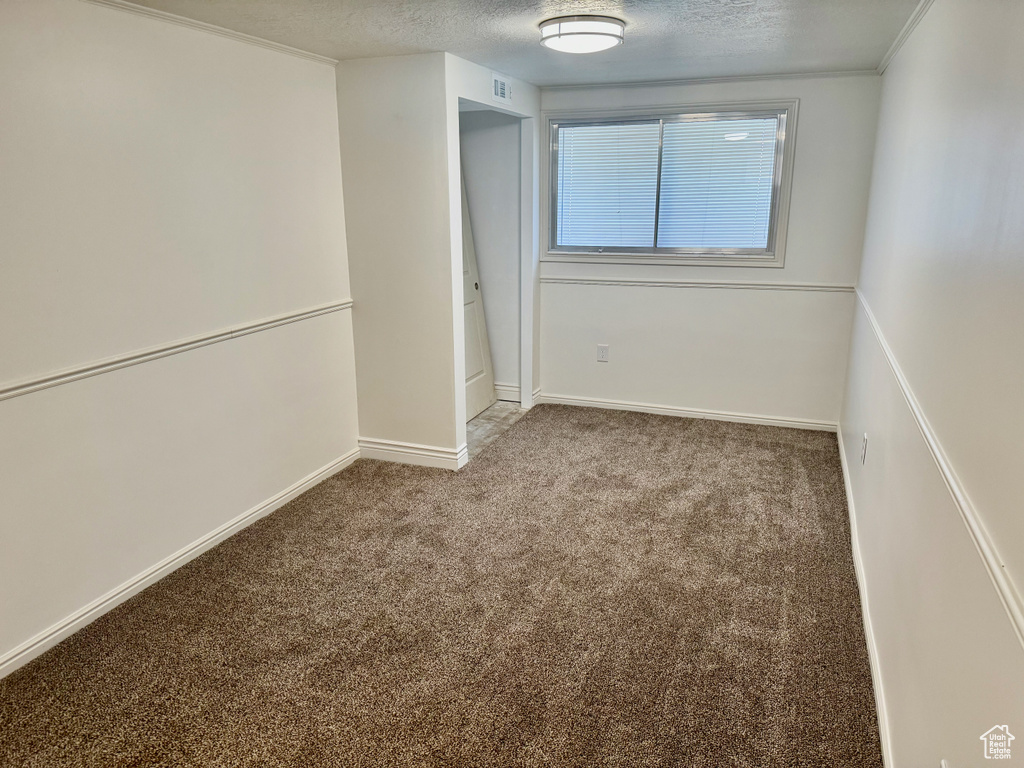 Unfurnished room with light colored carpet and a textured ceiling