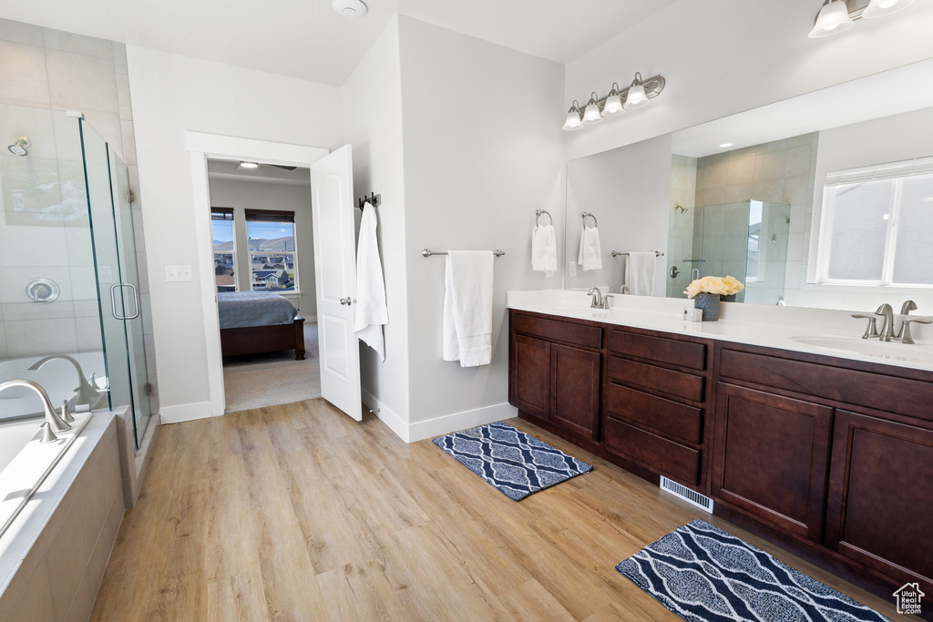 Bathroom featuring wood-type flooring, separate shower and tub, and dual vanity