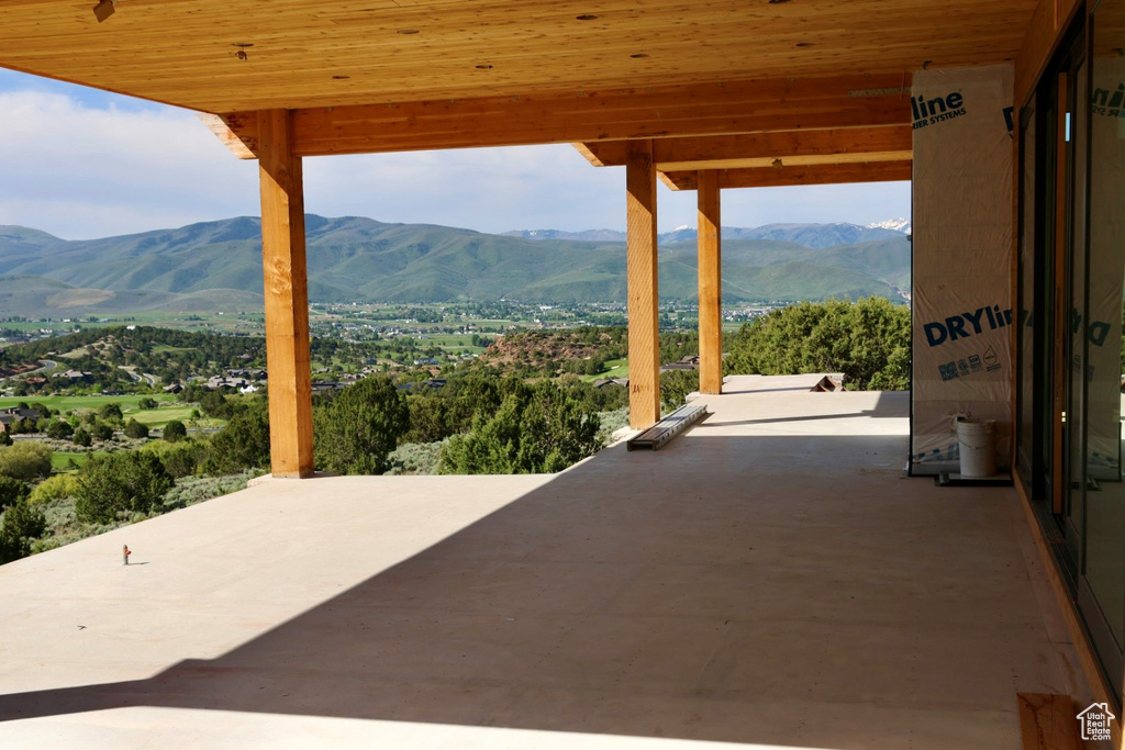 View of patio / terrace with a mountain view