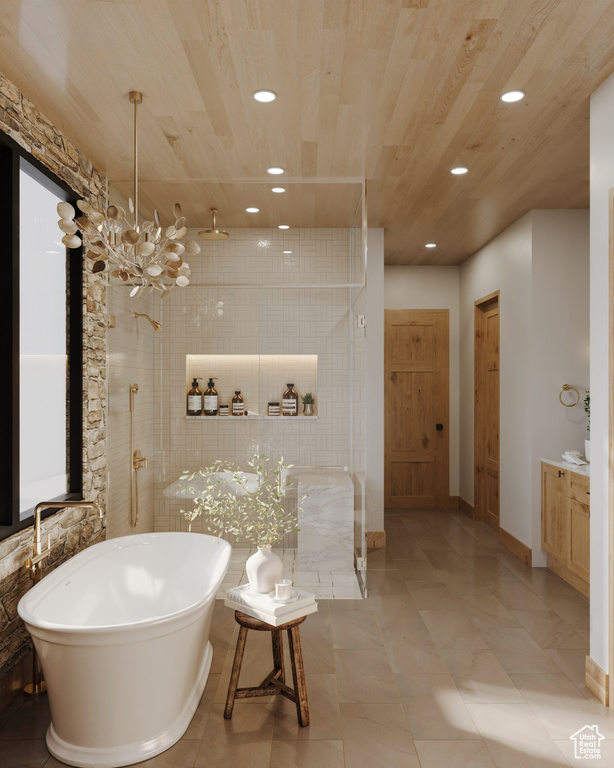 Bathroom featuring tile floors, shower with separate bathtub, vanity, and wooden ceiling