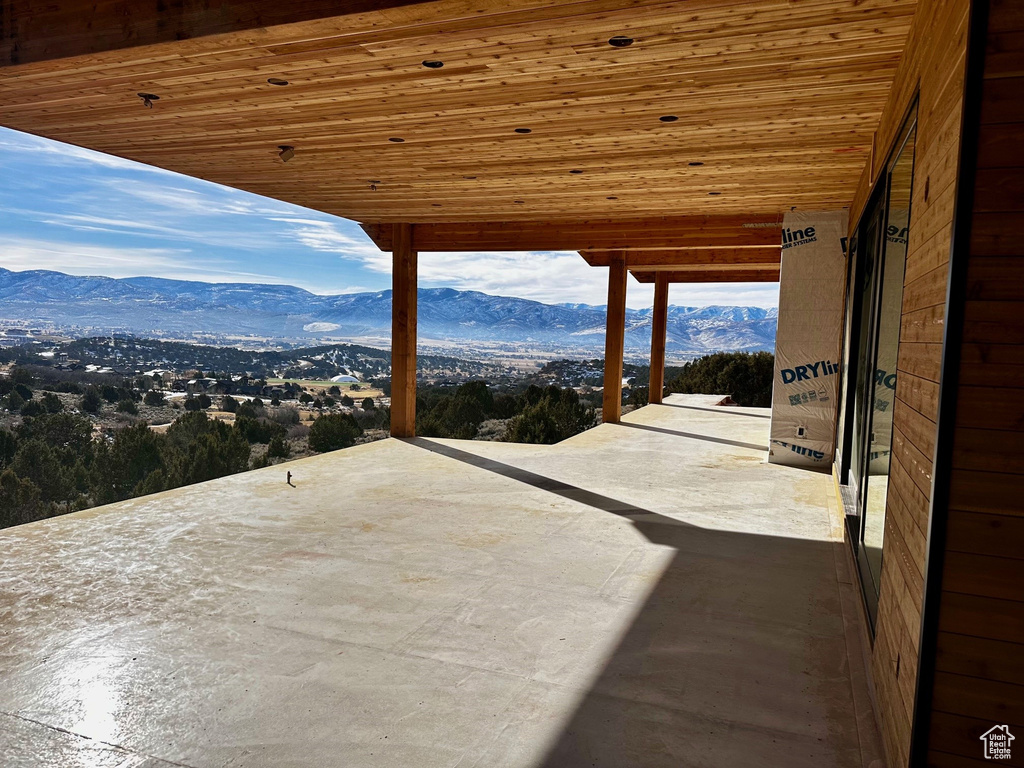 View of patio / terrace featuring a mountain view