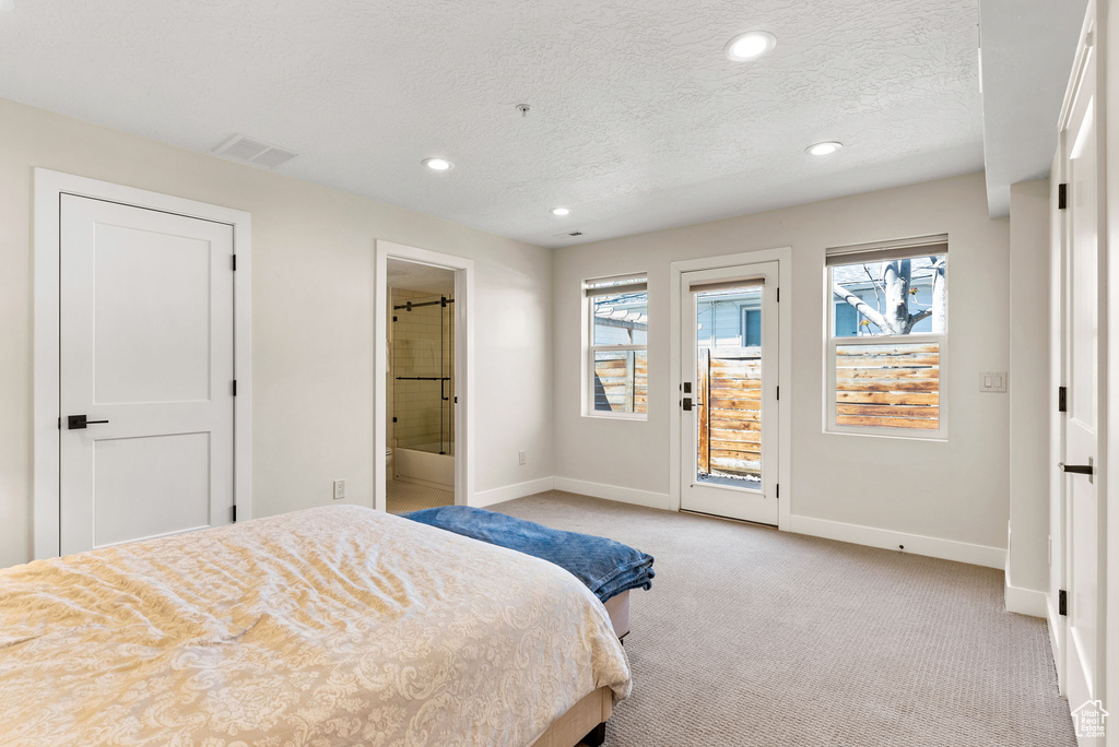 Carpeted bedroom featuring multiple windows, access to exterior, ensuite bathroom, and a textured ceiling