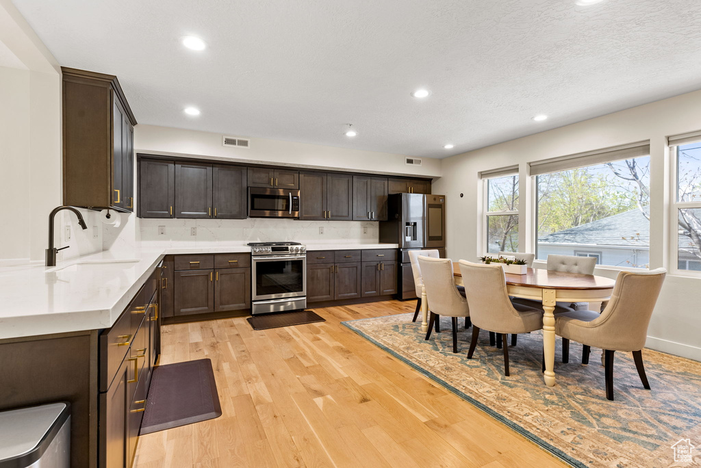 Kitchen featuring light hardwood / wood-style flooring, appliances with stainless steel finishes, dark brown cabinets, sink, and tasteful backsplash