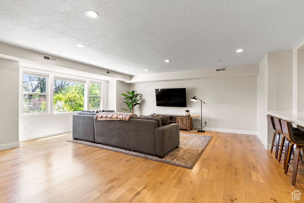 Living room featuring light hardwood / wood-style floors and a textured ceiling