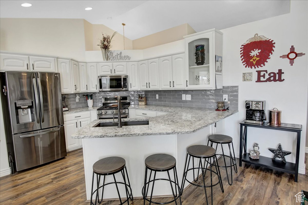 Kitchen featuring backsplash, a kitchen breakfast bar, appliances with stainless steel finishes, and dark hardwood / wood-style flooring